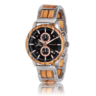 HOT & TOT EMPEROR HERRENUHR AUS HOLZ | CHRONOGRAPHEN | 44MM | ZEBRANOHOLZ | ROSÉGOLD | STAHL