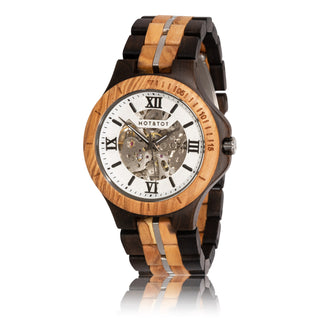 HOT&TOT | Silver Motus wooden Watch | 44MM | Ebony and Zebrano wood