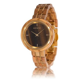 HOT&TOT | AVALON HOLZ DAMENUHR | 36MM | TIGERAUGE | OLIVENHOLZ | GOLD