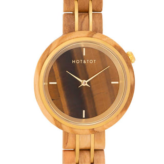 HOT&TOT | AVALON HOLZ DAMENUHR | 36MM | TIGERAUGE | OLIVENHOLZ | GOLD