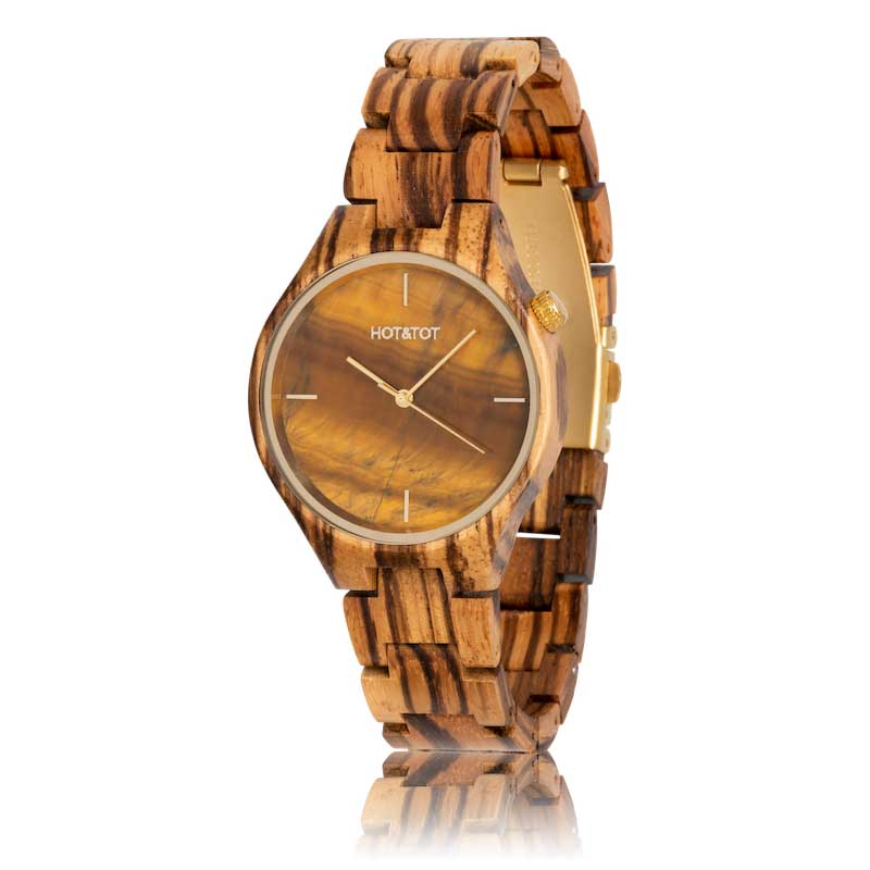 HOT TOT TIGANO WOODEN WATCH 40MM TIGER EYE STONE ZEBRANO WOOD