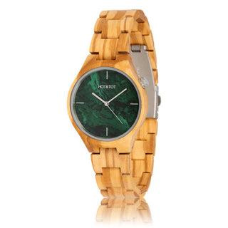 HOT&TOT | VOLEA HOUTEN HORLOGE | 40MM | GROEN MARMER | OLIJFHOUT