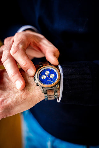 ROYAL JUGLANS | CHRONOGRAPH | 42MM | WALNUT WOOD | SILVER | GUNMETAL STAINLESS STEEL | SAPPHIRE GLASS | BLUE SODALITE