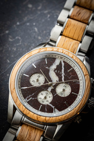 HOT&TOT | ROYAL OAK WOODEN MEN'S WATCH | CHRONOGRAPH | 42MM | OAK WOOD | RED MARBLE | SAPPHIRE CRYSTAL | SILVER STAINLESS STEEL