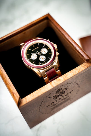 ROYAL PELTOGYNE HERRENUHR AUS HOLZ | CHRONOGRAPH | 42MM | LILA HERZHOLZ | ROSÉGOLD | Edelstahl | SAPHIR-GLAS | SCHWARZER MARMOR