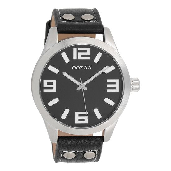 OOZOO Timepieces - Zilverkleurige horloge met zwarte leren band - C1054 (46mm)