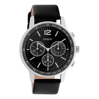 Zilverkleurige OOZOO horloge met zwarte leren band - C10813 (42mm)