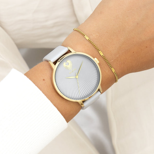 Goudkleurige OOZOO horloge met licht grijze leren band - C11240 (42mm)