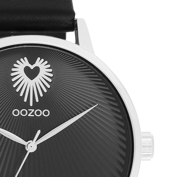 Zilverkleurige OOZOO horloge met zwarte leren band - C11241 (42mm)