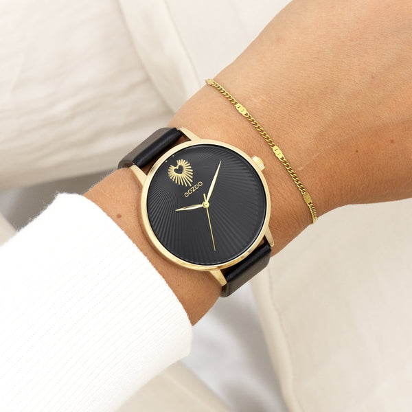 Goudkleurige OOZOO horloge met zwarte leren band - C11242 (42mm)