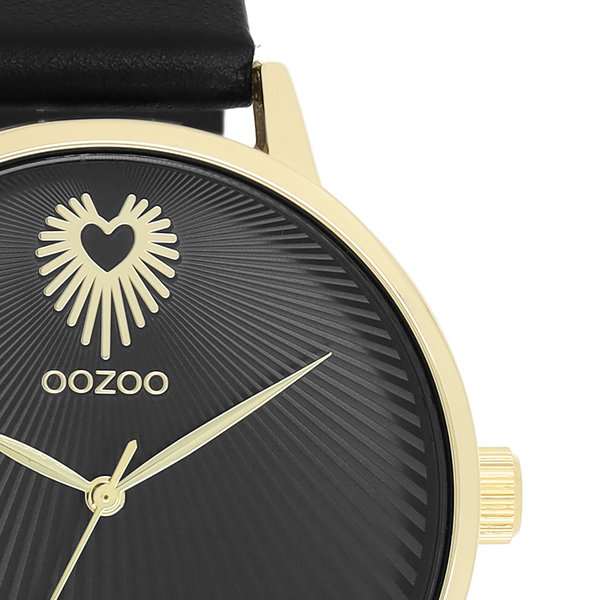 Goudkleurige OOZOO horloge met zwarte leren band - C11242 (42mm)