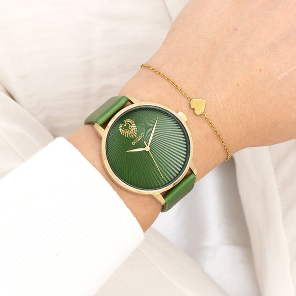 Goudkleurige OOZOO horloge met groene leren band - C11344 (42mm)