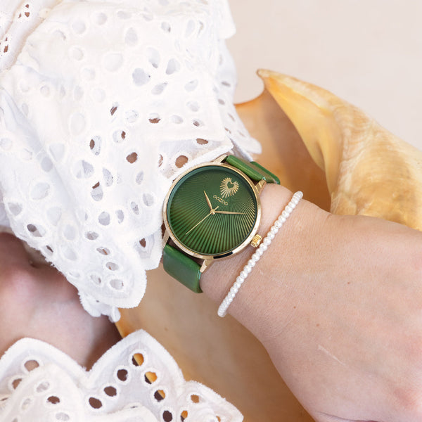 Goudkleurige OOZOO horloge met groene leren band - C11344 (42mm)