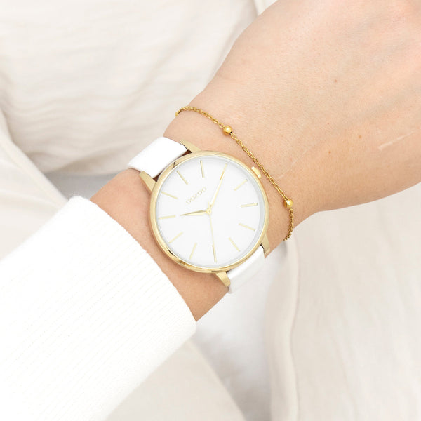 Goudkleurige OOZOO horloge met witte leren band - C11359 (42mm)