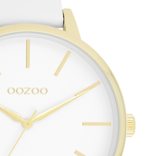 Goudkleurige OOZOO horloge met witte leren band - C11359 (42mm)