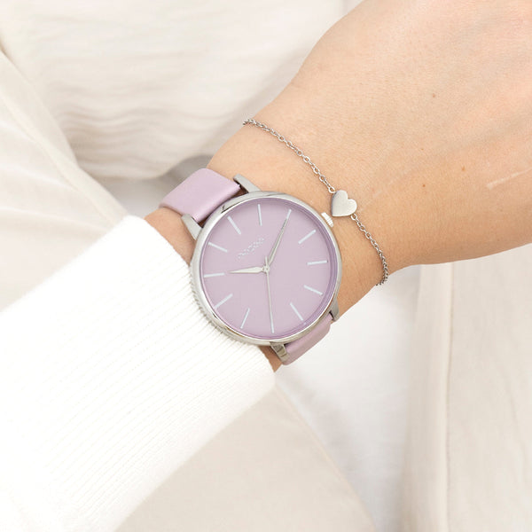 Zilverkleurige OOZOO horloge met lila leren band - C11361 (42mm)