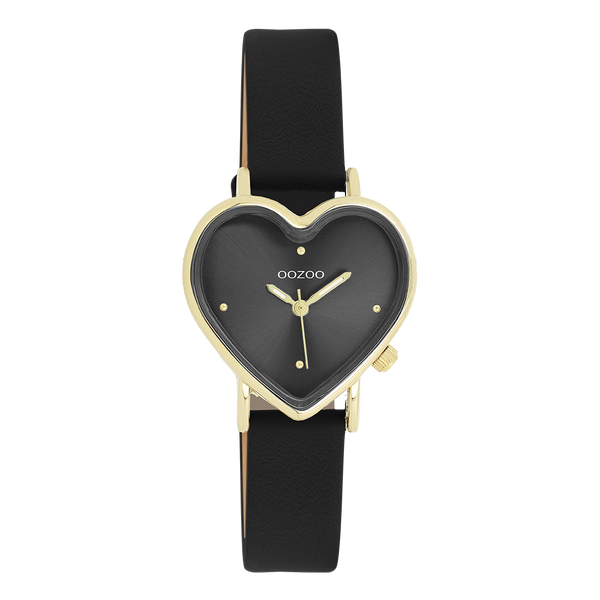 Goudkleurige OOZOO horloge met zwarte leren band - C11452 (28mm)