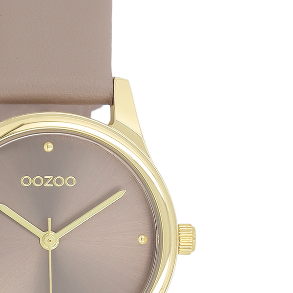 Goudkleurige OOZOO horloge met taupe leren band - C11625 (28mm)