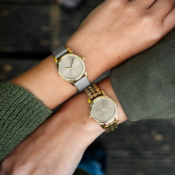 Goudkleurige OOZOO horloge met taupe leren band - C11625 (28mm)