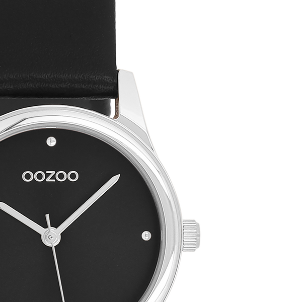 Zilverkleurige OOZOO horloge met zwarte leren band - C11628 (28mm)