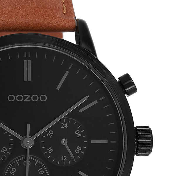 Zwarte OOZOO horloge met bruine leren band - C11708 (42mm)