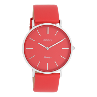 Zilverkleurige OOZOO horloge met chili peper rode leren band - C20324 (40mm)