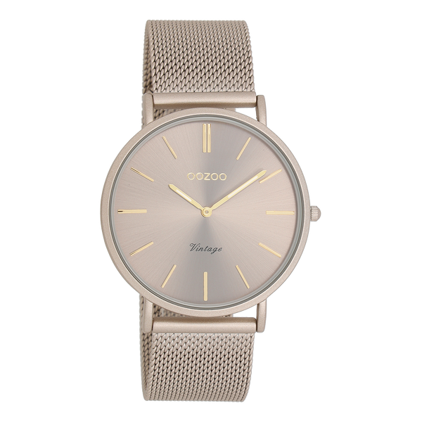 OOZOO Dames Taupe horloge met taupe metalen mesh armband C20336 (40mm)