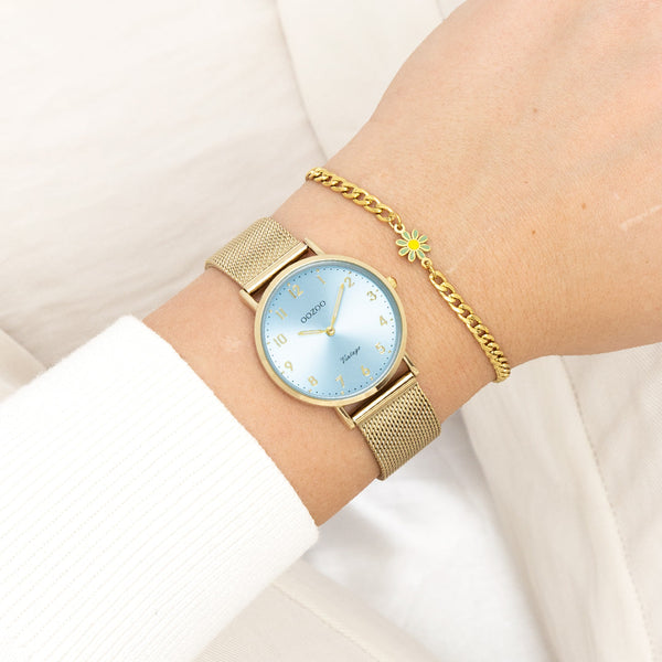 Goudkleurige OOZOO horloge met metalen mesh armband - C20348 (32mm)