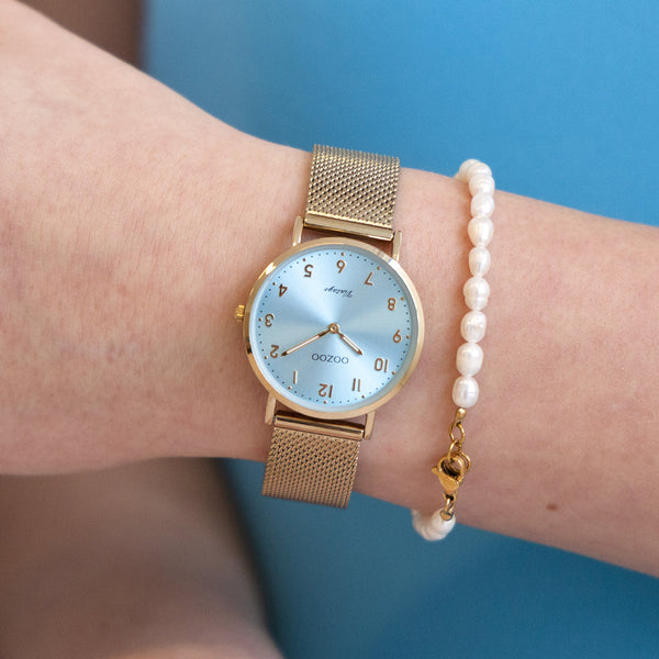 Goudkleurige OOZOO horloge met metalen mesh armband - C20348 (32mm)