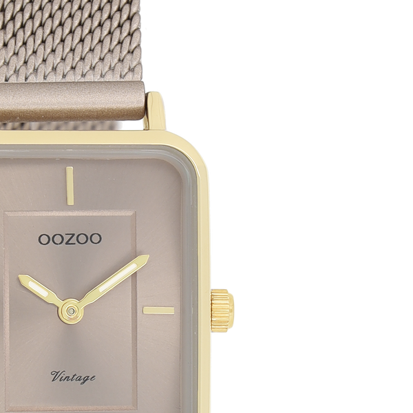 Goudkleurige OOZOO horloge met taupe metalen mesh armband - C20384 (22mm)
