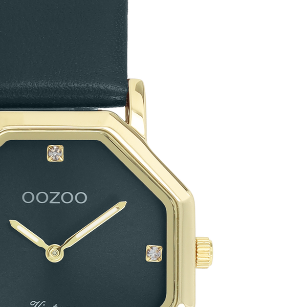 Goudkleurige OOZOO horloge met donker groene leren band - C20476 (31mm)