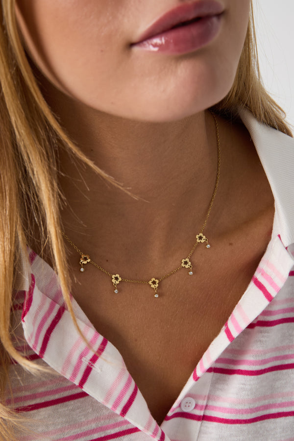 Bijoutheek Collier Bloemen Hangende Steentjes
