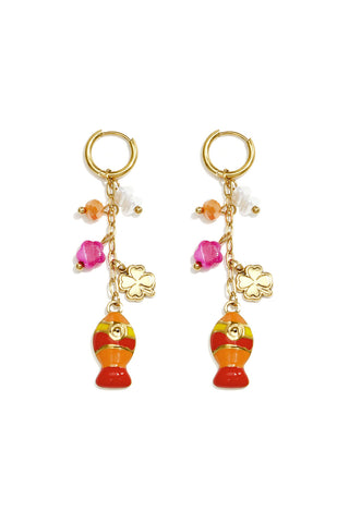Bijoutheek Oorhangers Vis Kralen Klaver Fuchsia Oranje