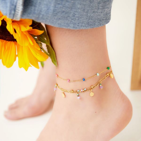 Yehwang Ankle Jewelry Ice Blue Beads Discs Gold