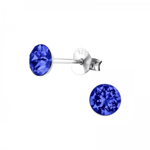 Silver stud earrings, Sapphire Swarovski crystal (3-8MM)