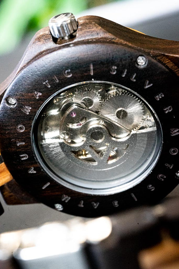 HOT&TOT | Silver Motus wooden Watch | 44MM | Ebony and Zebrano wood