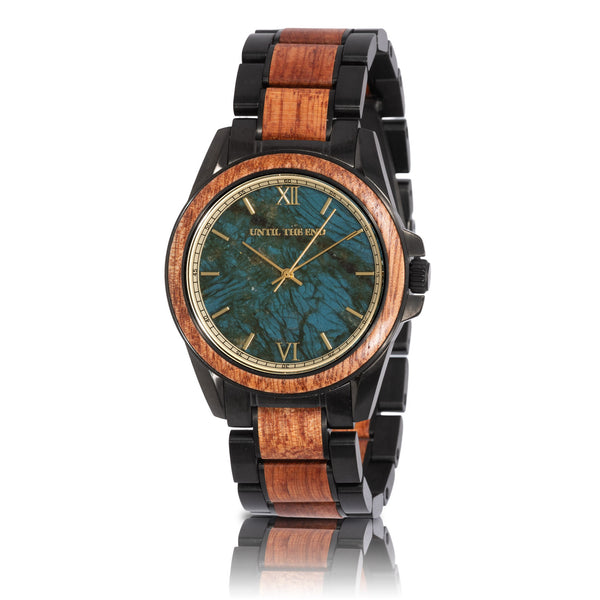 HOT&TOT | POLARIS - UNTIL THE END WOODEN MEN'S WATCH | CHRONOGRAPH | 42MM | ROSEWOOD | GOLD | Stainless steel | SAPPHIRE GLASS | LABRADORITE | SWISS WATCH