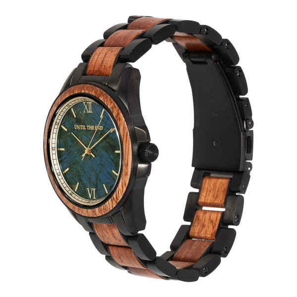 HOT&TOT | POLARIS - UNTIL THE END WOODEN MEN'S WATCH | CHRONOGRAPH | 42MM | ROSEWOOD | GOLD | Stainless steel | SAPPHIRE GLASS | LABRADORITE | SWISS WATCH