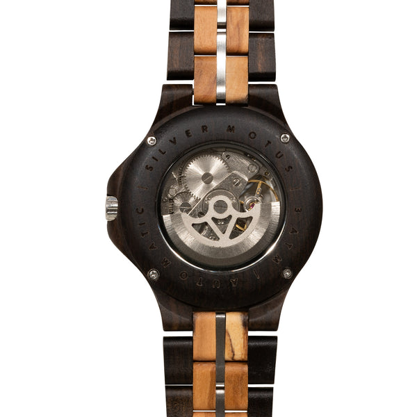 HOT&TOT | Silver Motus wooden Watch | 44MM | Ebony and Zebrano wood