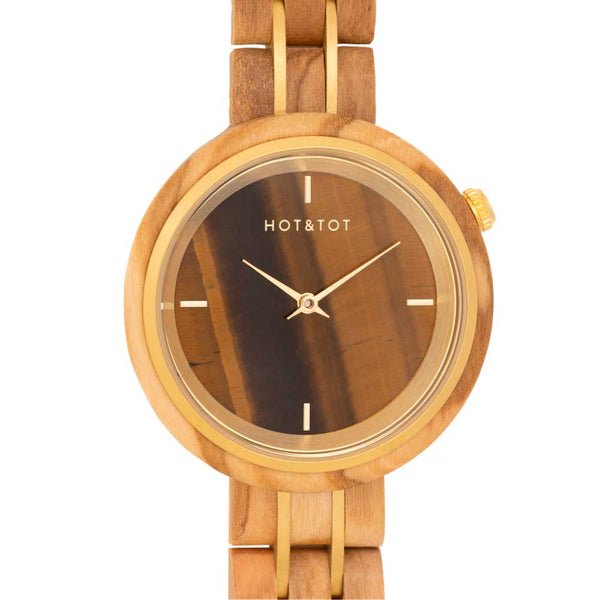 HOT&TOT | AVALON WOODEN LADIES WATCH | 36MM | TIGER EYE | OLIVE WOOD | GOLD