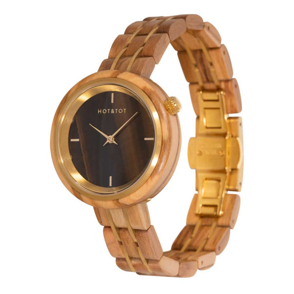 HOT&TOT | AVALON WOODEN LADIES WATCH | 36MM | TIGER EYE | OLIVE WOOD | GOLD