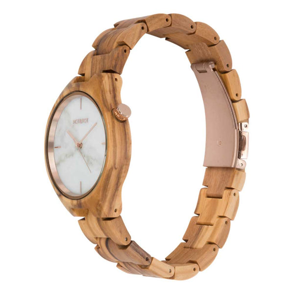 HOT&TOT | TAYGA WOODEN WATCH | 40MM | WHITE MARBLE | OLIVE WOOD