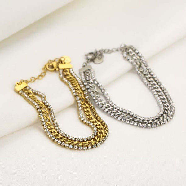 Michelle Bijoux Bracelet 2 Rows of Rhinestones and Link Chain