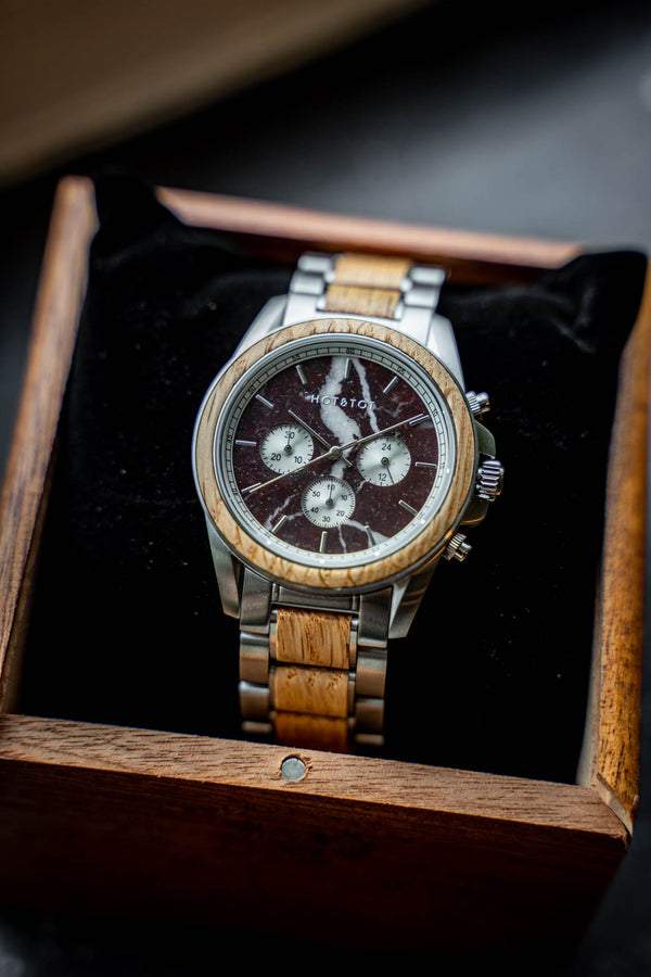 HOT&TOT | ROYAL OAK WOODEN MEN'S WATCH | CHRONOGRAPH | 42MM | OAK WOOD | RED MARBLE | SAPPHIRE CRYSTAL | SILVER STAINLESS STEEL
