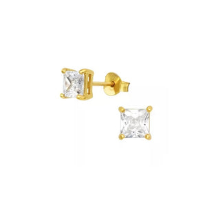 Sterling silver Gold plating square ear stud High setting Crystal (LENGTH 3-10MM)