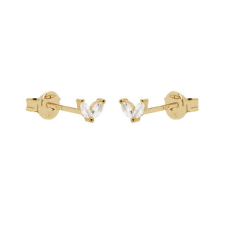 Koop gold Karma Ear Studs Tiny Double Leaves Crystal